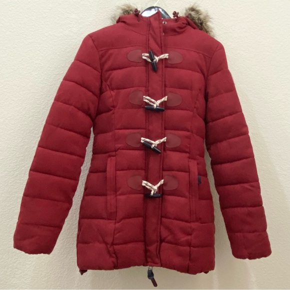 SUPERDRY Tall Marl Toggle Puffle Jacket Burgundy Puffer Hooded Coat Size 2 US - Picture 6 of 16